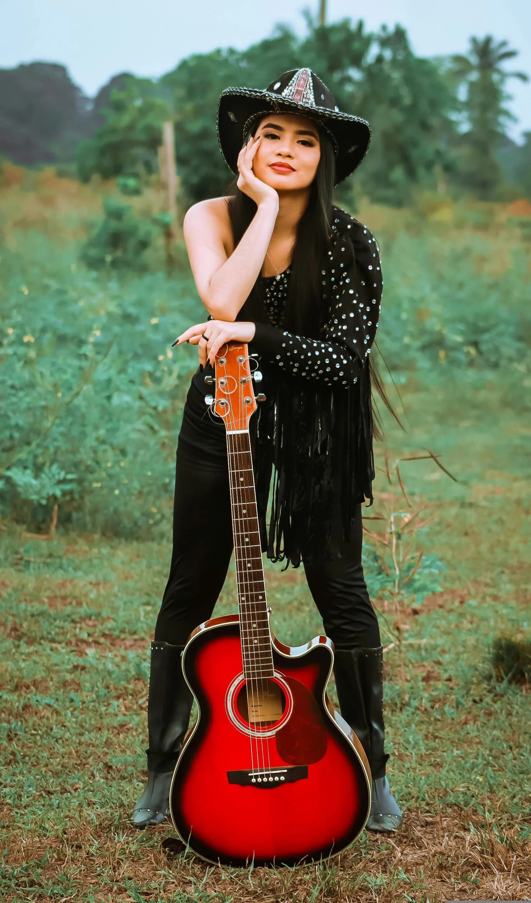 All black cowgirl outfit fringe jacket dusky skin india