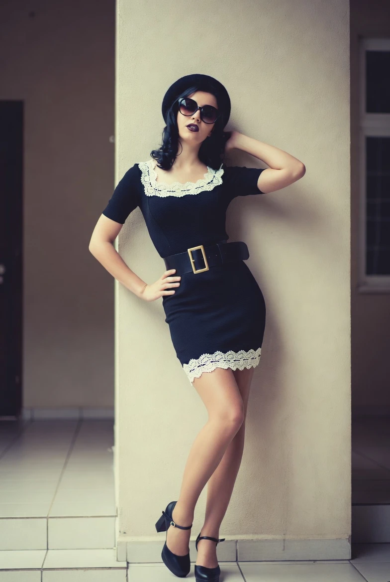 Channel 1950s Retro Glam in Black Lace Mini Dress