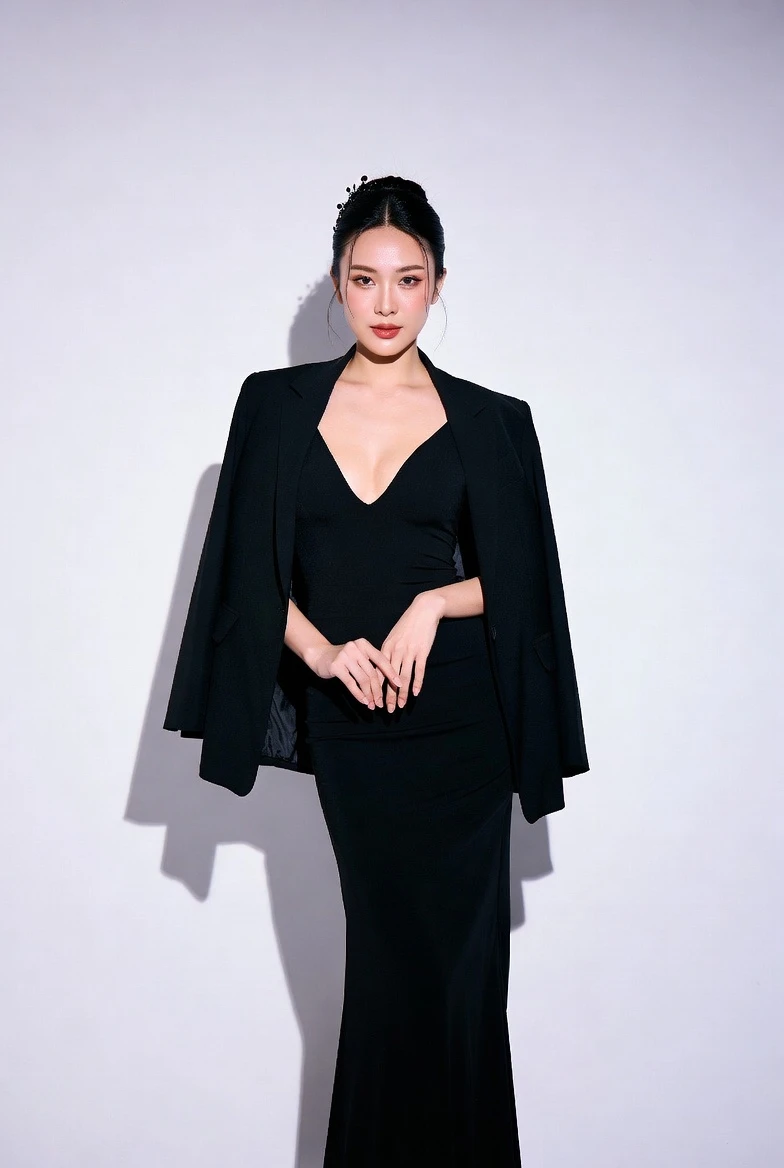 Elevate Chic Black Blazer + Deep V Maxi Dress Ensemble 