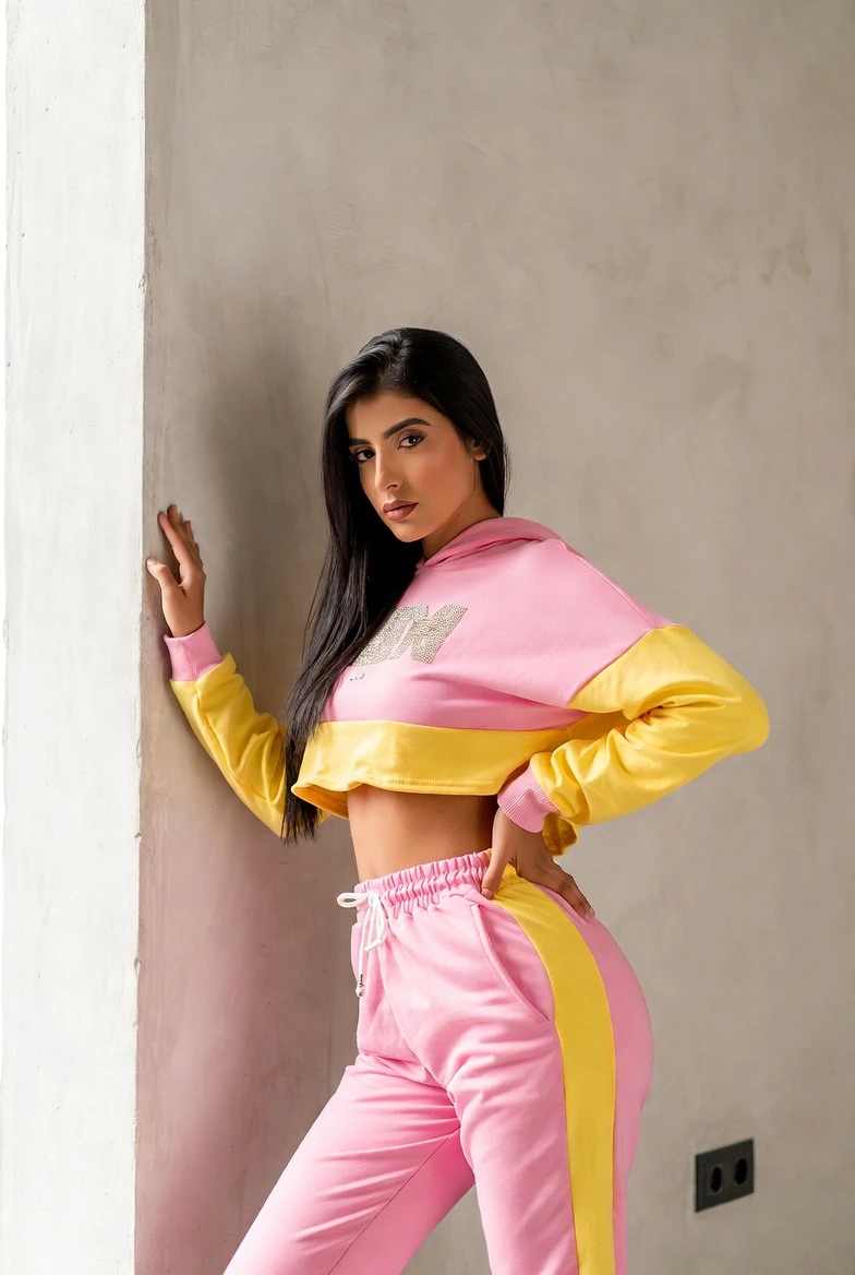 Glow Up the Streets: Style This Pink-Yellow Gym Crop Tracksuit Today!
