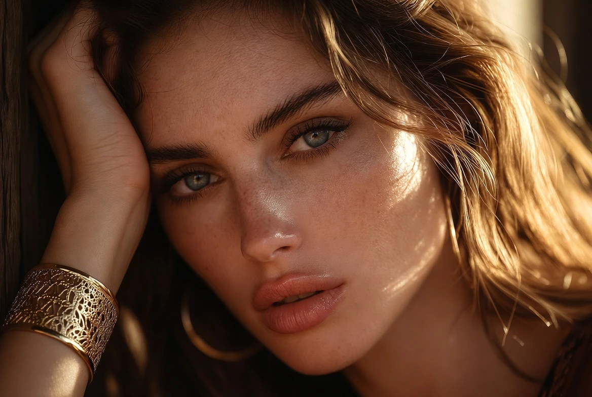 Golden Hour Blue Eyes & Freckles with Chunky Gold Jewelry – 2026