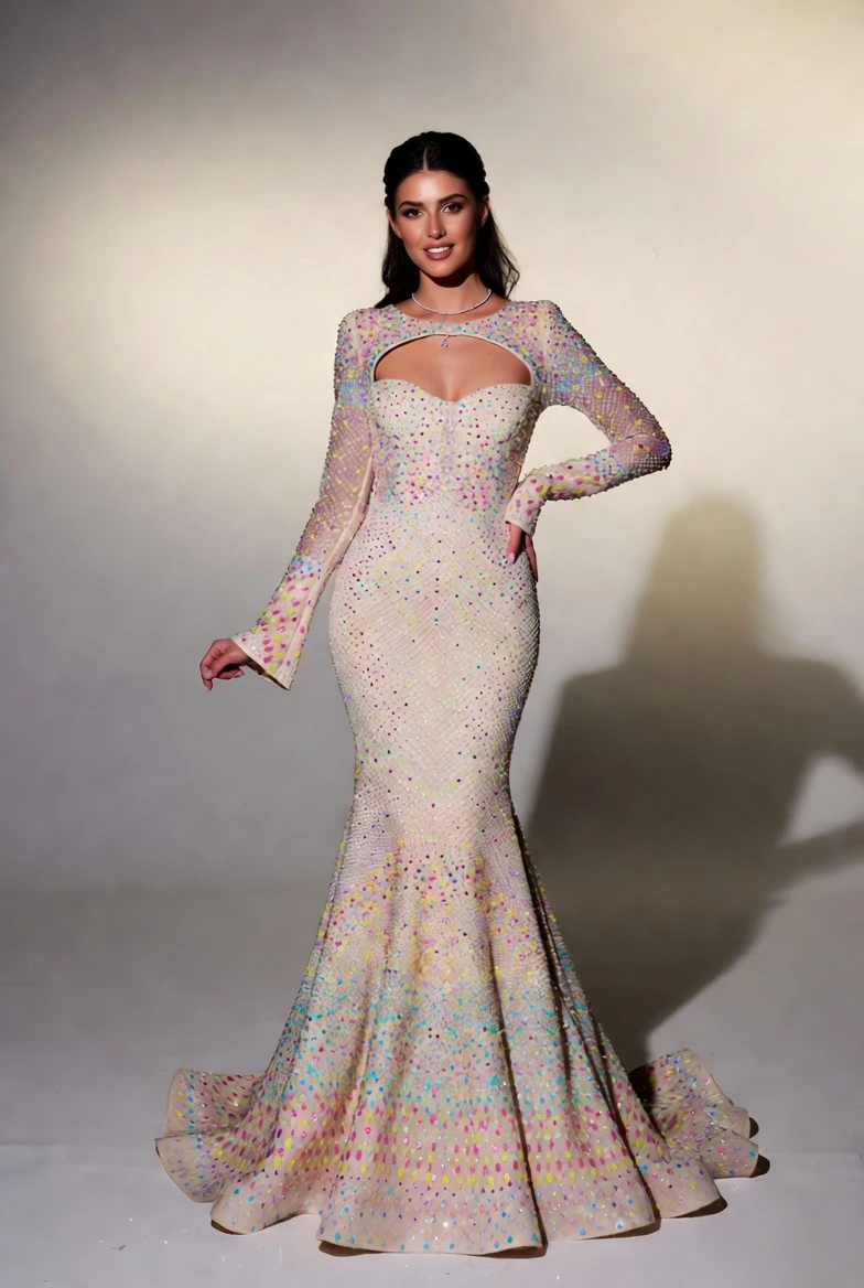 Pastel Crystal-Embellished Mermaid Gown